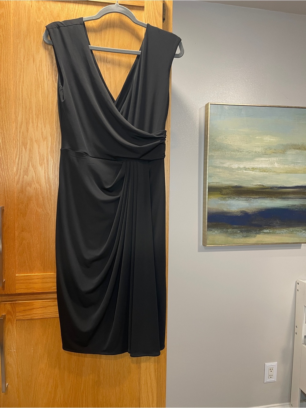 Maggy London Black Sleeveless Draped V-Neck Midi Dress| Size 10| Formal Wedding